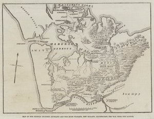 Mapa země mezi Aucklandem a řekou Waikato, Nový Zéland, znázorňující válku s domorodci